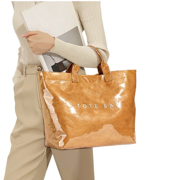 Handbags - Camel Tan Plastic/Waterproof Tote Bag Medium Work Office Minimalist Carryall